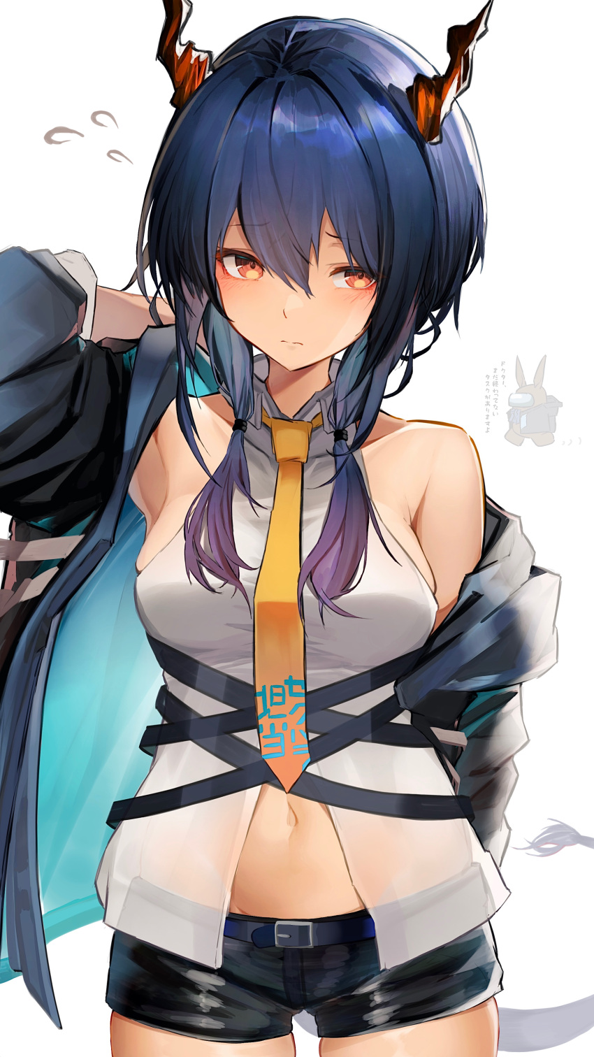 1girl absurdres amiya_(arknights) among_us arknights arm_behind_back arm_up bangs bare_shoulders belt belt_buckle between_breasts black_shorts blue_hair blush breasts buckle ch'en_(arknights) closed_mouth collarbone cowboy_shot crewmate_(among_us) dragon_girl dragon_horns dragon_tail eyebrows_visible_through_hair flying_sweatdrops highres horns looking_at_viewer low_twintails medium_breasts navel necktie necktie_between_breasts off_shoulder red_eyes see-through shirt short_shorts shorts simple_background solo_focus tab_head tail translation_request twintails underbust white_background white_shirt yellow_neckwear