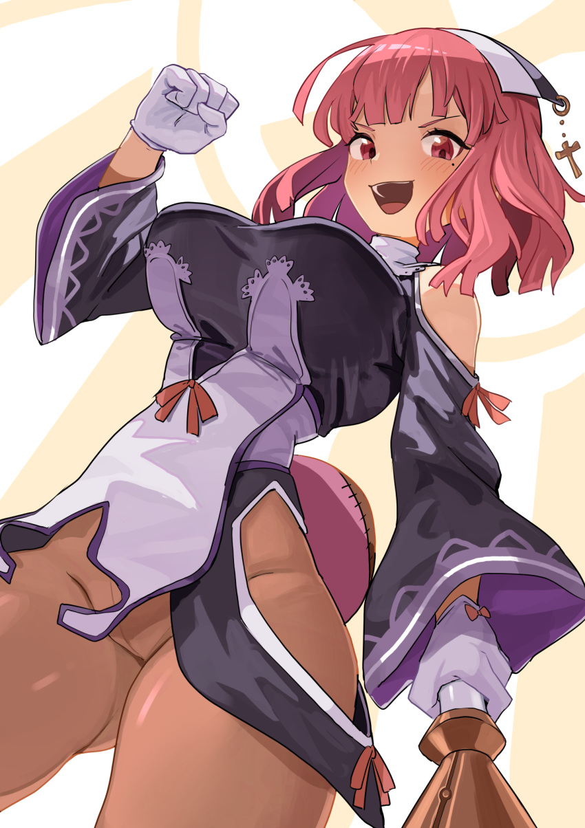 1girl :d bare_shoulders blush breasts clothing_cutout gloves headdress highres hip_vent la_pucelle large_breasts latin_cross long_sleeves looking_at_viewer mole mole_under_eye moutama open_mouth pantyhose pelvic_curtain pink_hair prier redhead short_hair shoulder_cutout smile solo tabard turtleneck v-shaped_eyebrows white_gloves wide_sleeves