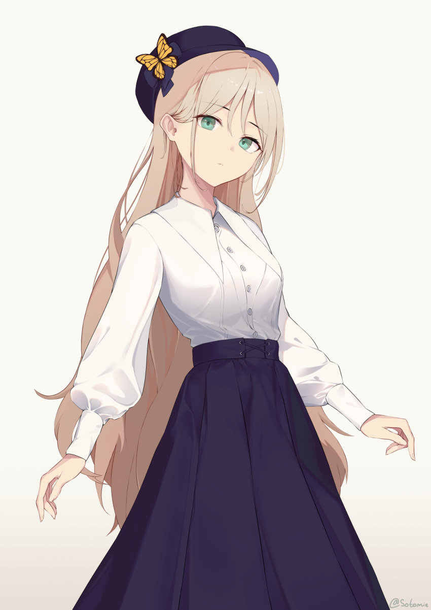 1girl alternate_costume an-94_(girls_frontline) blonde_hair blue_skirt bug butterfly butterfly_hat_ornament buttons closed_mouth collared_shirt commentary english_commentary eyebrows_visible_through_hair girls_frontline green_eyes hat hat_ornament high-waist_skirt highres insect long_hair long_skirt long_sleeves looking_at_viewer pleated_skirt puffy_long_sleeves puffy_sleeves shirt simple_background skirt solo sotomie white_background white_shirt