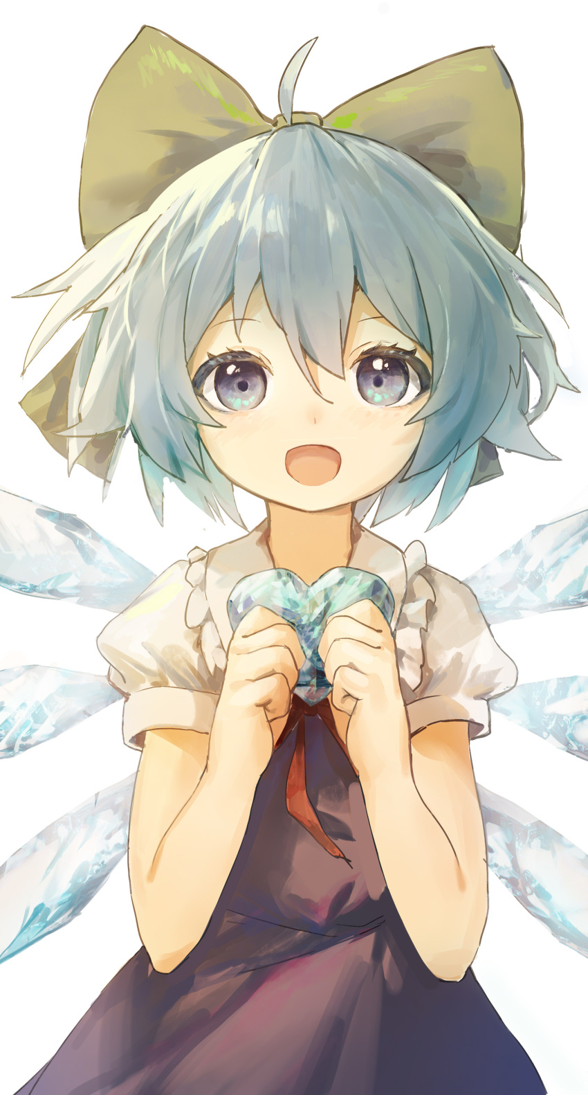 1girl :d absurdres blue_dress blue_eyes blue_hair bow cirno dress hair_bow happy heart highres holding ice ice_wings looking_at_viewer open_mouth short_hair simple_background siyumu smile solo touhou upper_body white_background wings