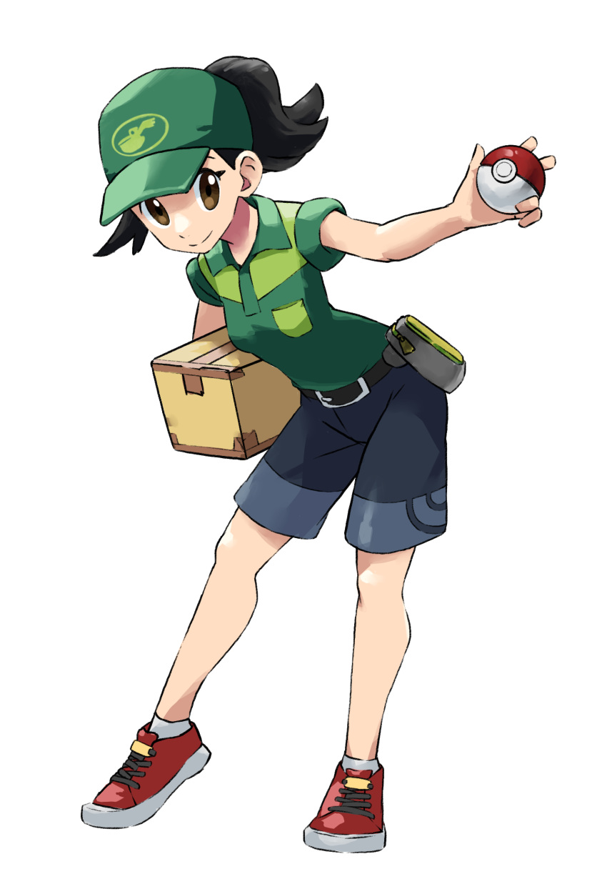 1girl belt black_belt black_hair box breasts brown_eyes case-k closed_mouth collared_shirt commentary_request eyelashes full_body green_headwear green_shirt hat highres holding holding_box holding_poke_ball original poke_ball poke_ball_(basic) pokemon red_footwear shirt shoes short_sleeves shorts simple_background smile socks solo standing white_background white_legwear