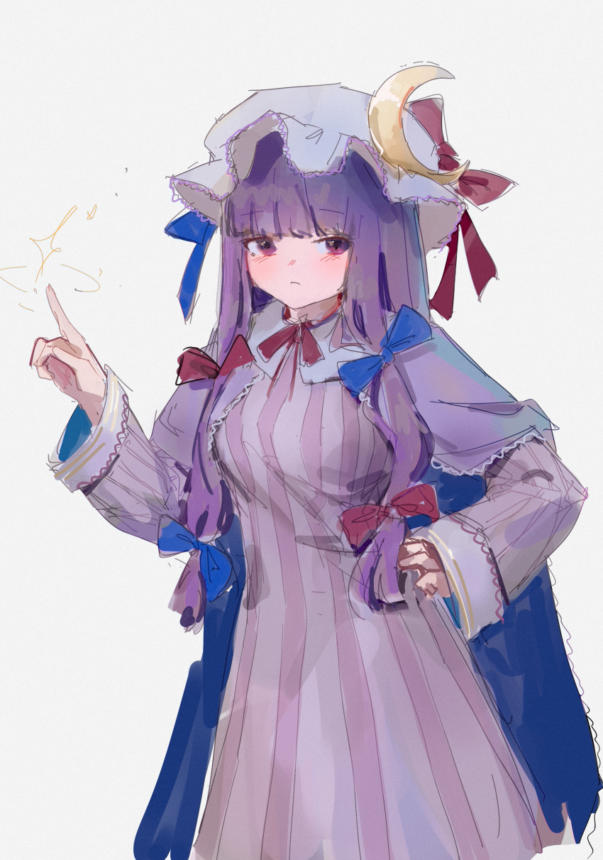 1girl absurdres bangs blue_bow blunt_bangs bow capelet crescent crescent_hat_ornament crescent_pin double_bun dress frilled_sleeves frills hair_bow hat hat_ornament hat_ribbon highres long_dress long_hair long_sleeves mob_cap multi-tied_hair patchouli_knowledge purple_bow purple_capelet purple_dress purple_hair purple_headwear red_bow red_ribbon reddizen ribbon striped striped_dress touhou vertical-striped_dress vertical_stripes very_long_hair violet_eyes