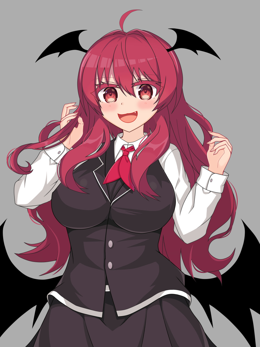 1girl :d absurdres ahoge black_dress black_vest black_wings blush breasts demon_girl demon_wings dress hand_in_hair head_wings highres imp koakuma large_breasts ody_kishi open_mouth red_eyes red_neckwear redhead smile touhou upper_body vest wings