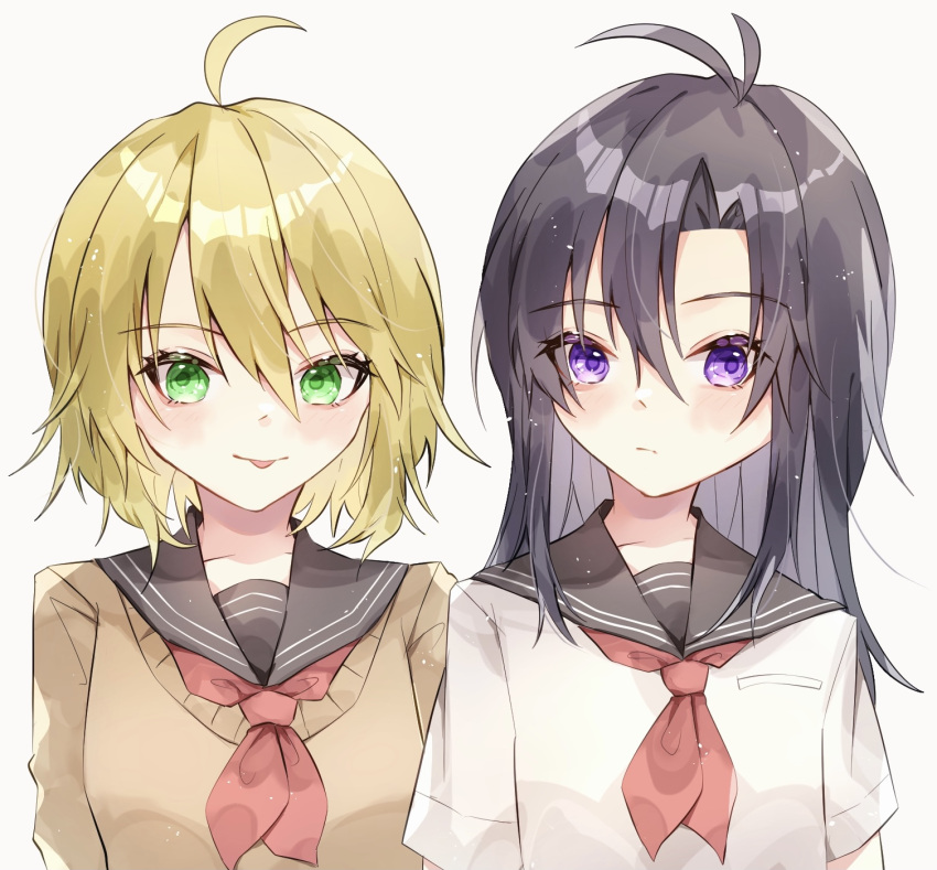 2girls :p ahoge alternate_hair_length alternate_hairstyle antenna_hair black_hair blonde_hair green_eyes hair_between_eyes highres hoshii_miki idolmaster idolmaster_million_live! kikuchi_makoto long_hair looking_at_viewer multiple_girls ryourin school_uniform serafuku short_hair tongue tongue_out upper_body violet_eyes white_background