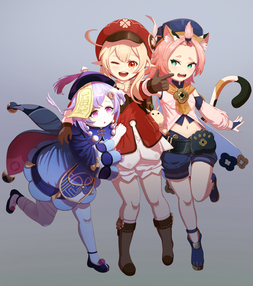 3girls ;d absurdres ahoge amulet animal_ears backpack bag bangs bead_necklace beads bent_over blacky_(blackywacky) bloomers boots braid brown_background brown_footwear brown_scarf cabbie_hat cat_ears cat_tail clover_print coat commentary detached_sleeves diona_(genshin_impact) dodoco_(genshin_impact) english_commentary eyebrows_visible_through_hair full_body genshin_impact gradient gradient_background green_eyes grey_background hair_between_eyes hat hat_feather hat_ornament highres jewelry jiangshi klee_(genshin_impact) light_brown_hair long_hair long_sleeves looking_at_viewer low_ponytail low_twintails midriff multiple_girls navel necklace ofuda one_eye_closed open_mouth orange_eyes parted_lips pink_hair pointing pointing_at_viewer pointy_ears purple_hair qing_guanmao qiqi_(genshin_impact) randoseru red_coat scarf short_hair shorts sidelocks simple_background single_braid smile standing standing_on_one_leg tail thigh-highs thigh_boots twintails underwear violet_eyes white_legwear