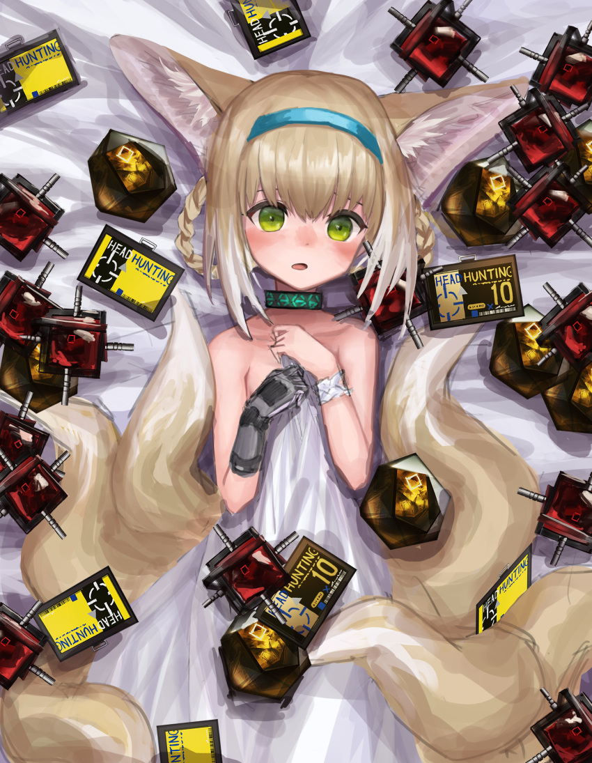 1girl absurdres animal_ears arknights blonde_hair blue_hairband blush braid commentary fox_ears fox_girl fox_tail gloves green_eyes hairband headhunting_permit_(arknights) highres infection_monitor_(arknights) kitsune kyuubi looking_at_viewer multiple_tails naked_sheet open_mouth originium_(arknights) orundum_(arknights) short_hair single_glove solo suzuran_(arknights) tail wristband yotokei