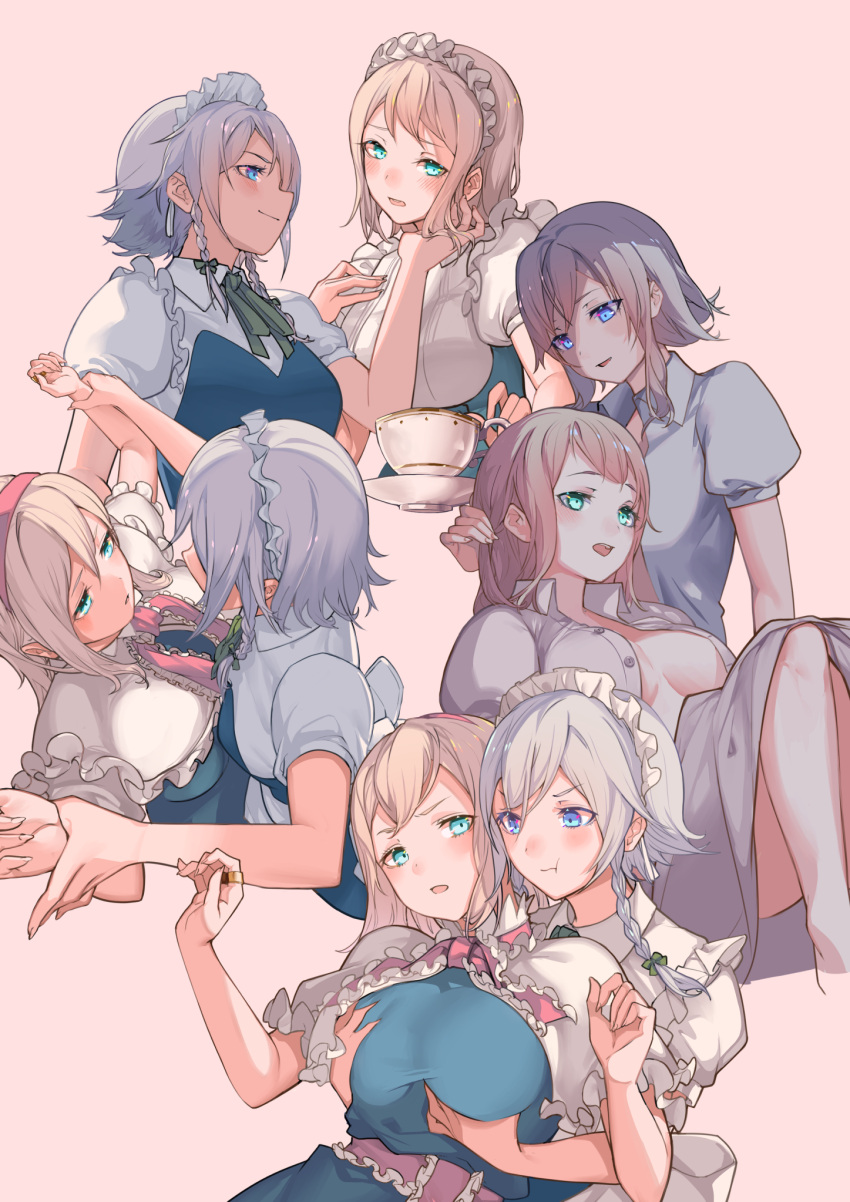 2girls :t alice_margatroid alternate_costume apron aqua_eyes blonde_hair blue_eyes bow braid breast_envy breast_grab breasts capelet collared_shirt cup enmaided grabbing grabbing_from_behind green_bow hair_bow highres izayoi_sakuya long_hair maid maid_apron maid_headdress medium_breasts multiple_girls multiple_views no_bra pink_background pout sash saucer shirt silver_hair simple_background smile soku_(bluerule-graypray) teacup touhou twin_braids white_capelet white_shirt wing_collar yuri
