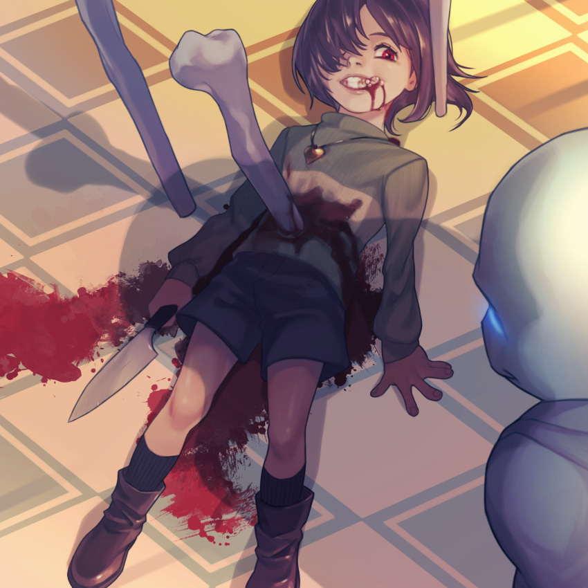 1other ankle_boots bangs black_shorts blood blood_from_mouth bloody_clothes bone boots brown_footwear frisk_(undertale) gender_request green_sweater grin hair_over_one_eye highres injury jewelry knife long_sleeves looking_at_another lying necklace on_back red_eyes rei_(tdn_ng) sans sharp_teeth shorts skull smile sweater teeth undertale