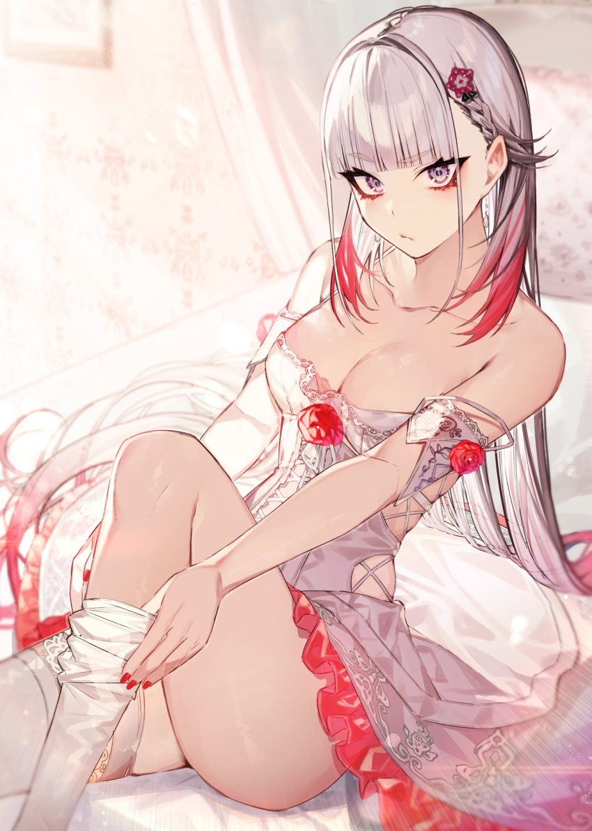 1girl absurdres breasts bridal_veil bride clothing_cutout dress elbow_gloves eyebrows eyebrows_visible_through_hair eyelashes eyeliner flower frills gloves gradient_hair hair_flower hair_ornament highres kayahara long_hair makeup multicolored_hair nail_polish on_bed original putting_on_legwear redhead rose silver_hair sitting sitting_on_bed solo strapless strapless_dress thigh-highs thighs tiara under_boob underboob_cutout veil very_long_hair wedding wedding_dress white_dress white_legwear wind