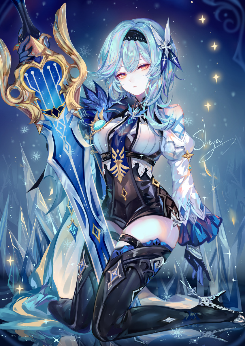 1girl absurdres black_hairband blue_hair breasts derivative_work duplicate eula_lawrence genshin_impact gloves greatsword hair_ornament hairband highres long_sleeves looking_at_viewer medium_breasts medium_hair pixel-perfect_duplicate sheya solo yellow_eyes