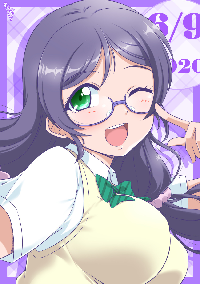 1girl absurdres bangs birthday breasts bunji commentary dated eyebrows_visible_through_hair glasses green_eyes highres large_breasts long_hair looking_at_viewer love_live! love_live!_school_idol_project low_twintails one_eye_closed purple-framed_eyewear purple_hair semi-rimless_eyewear shiny shiny_hair short_sleeves signature solo toujou_nozomi twintails under-rim_eyewear upper_body