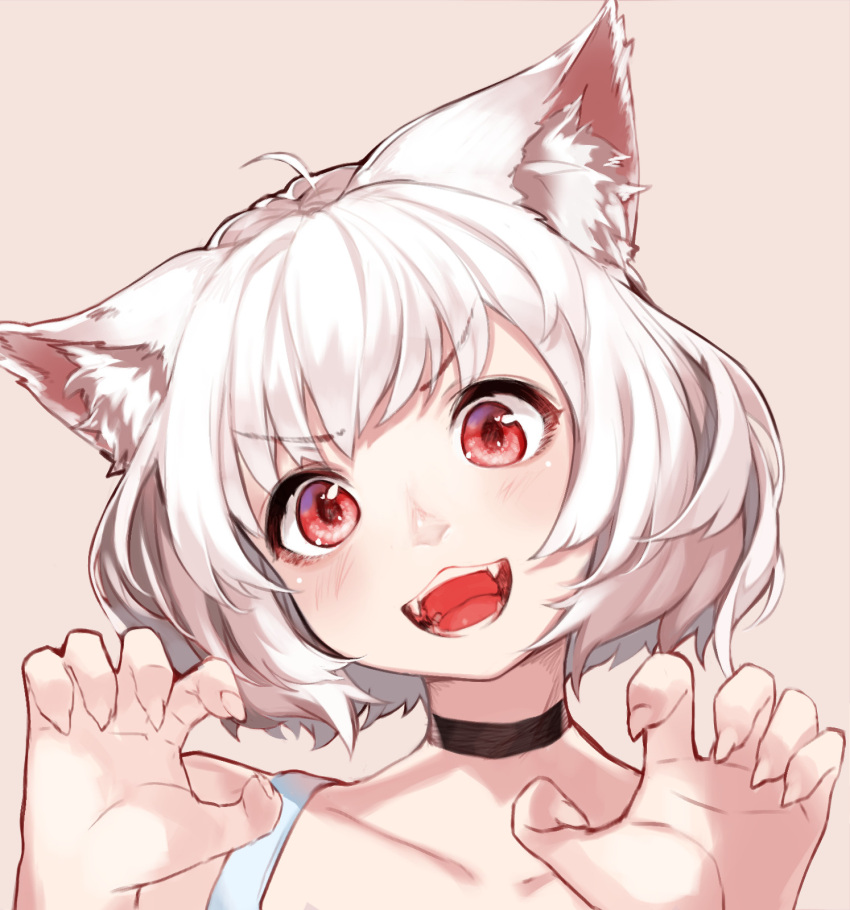 1girl :3 :d ahoge albino animal_ear_fluff animal_ears bangs bare_shoulders beige_background black_choker blush bob_cut cat_ears choker claw_pose collarbone eyebrows_visible_through_hair fangs fingernails hands hands_up head_tilt highres hoshi_usagi looking_at_viewer open_mouth original paw_pose portrait red_eyes sharp_fingernails short_hair simple_background smile solo teeth upper_body white_hair