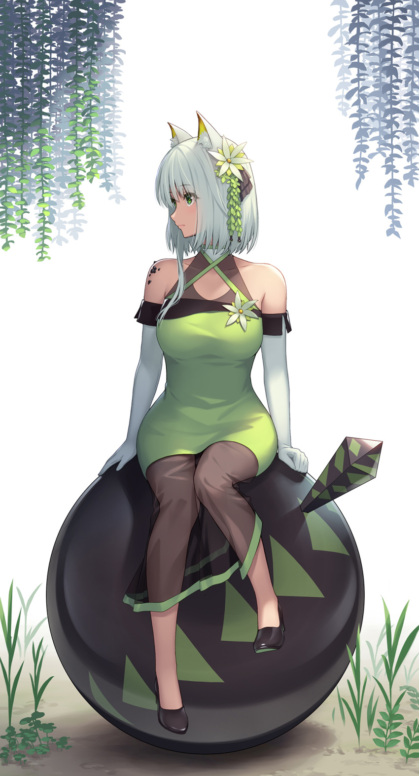 1girl adapted_costume animal_ear_fluff animal_ears arknights athrun1120 black_footwear breasts cat_ears chinese_commentary closed_mouth collarbone commentary commentary_request criss-cross_halter dress elbow_gloves english_commentary expressionless eyebrows_visible_through_hair flower full_body gloves green_dress green_eyes hair_flower hair_ornament halterneck high_heels highres kal'tsit_(arknights) knees_together_feet_apart lips medium_breasts mixed-language_commentary mon3tr_(arknights) oripathy_lesion_(arknights) partial_commentary pencil_dress plant see-through short_hair silver_hair simple_background sitting sleeveless sleeveless_dress solo straight_hair white_background white_flower white_gloves
