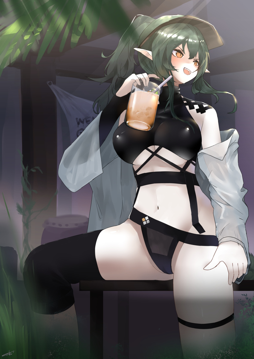 1girl :d absurdres antenna_hair arknights bangs bare_arms bare_shoulders bikini black_bikini breasts commentary_request cup drinking_glass drinking_straw gavial_(arknights) green_hair hair_between_eyes hand_up highres holding holding_cup kolaytoh long_hair looking_away looking_to_the_side medium_breasts navel open_mouth orange_eyes pointy_ears sitting smile solo stomach swimsuit tail thighs upper_teeth visor_cap