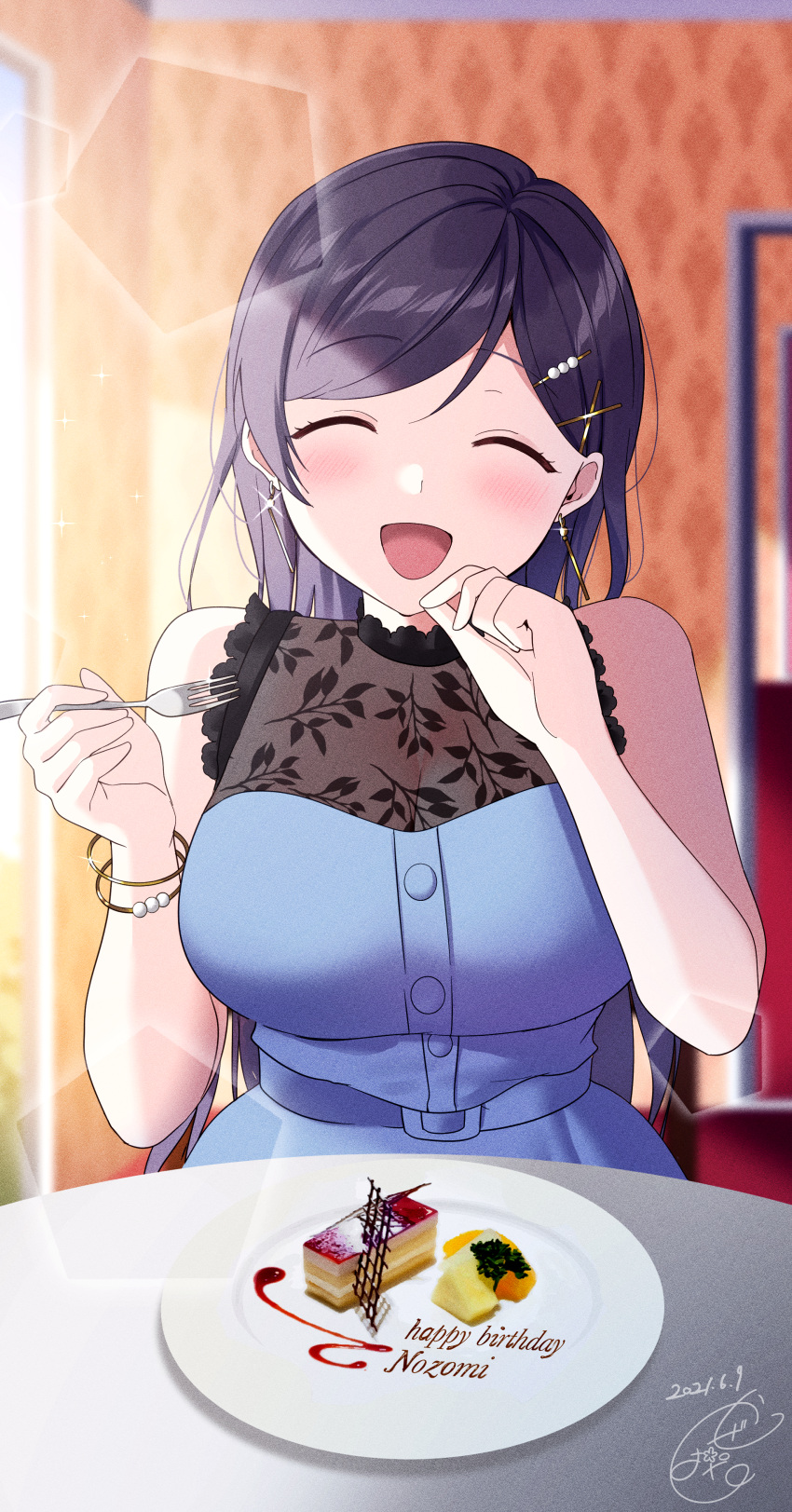 1girl absurdres bangs bare_shoulders blue_dress blush bracelet closed_eyes commentary_request dessert dress earrings eyebrows_visible_through_hair food frills happy_birthday highres huge_filesize jewelry kazehana_(spica) love_live! open_mouth parted_bangs plate sitting smile swept_bangs table toujou_nozomi