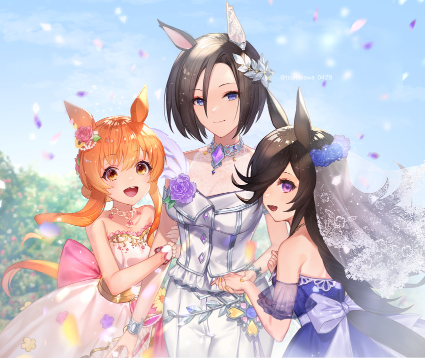 3girls :d air_groove_(umamusume) animal_ears bangs bare_shoulders black_hair blue_dress blue_eyes blue_flower blue_rose blurry blurry_background blush brown_eyes brown_hair commentary_request confetti depth_of_field dress eyebrows_visible_through_hair flower gloves hair_between_eyes hair_flower hair_ornament hair_over_one_eye highres holding_another's_arm holding_hands horse_ears horse_girl horse_tail jacket long_hair looking_at_viewer mayano_top_gun_(umamusume) multicolored multicolored_nails multiple_girls nail_polish open_mouth pants pink_dress pink_nails purple_flower purple_rose rice_shower_(umamusume) rose short_hair sleeveless sleeveless_dress smile standing strapless strapless_dress sunflower tail tsunakawa twitter_username umamusume veil violet_eyes white_gloves white_jacket white_pants yellow_flower yellow_nails