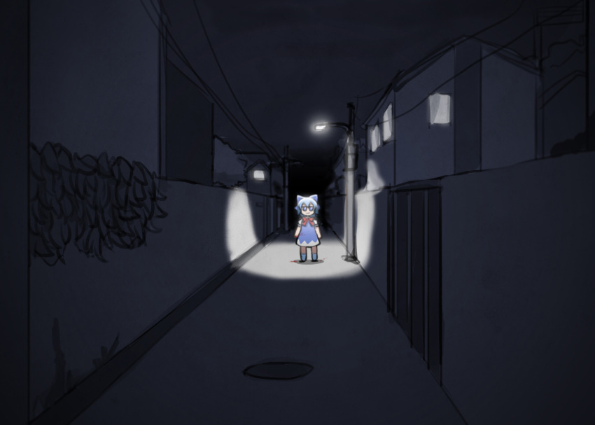 blouse blue_dress blue_eyes blue_footwear blue_hair blue_ribbon bow bush cirno clouds cloudy_sky dress dress_shirt fumo_(doll) hair_bow highres ice ice_wings lamppost leaf manhole_cover mata_(matasoup) night no_humans outdoors pinafore_dress puffy_short_sleeves puffy_sleeves red_bow red_neckwear red_ribbon ribbon road shirt short_hair short_sleeves sky smile street touhou white_blouse white_shirt window wing_collar wings