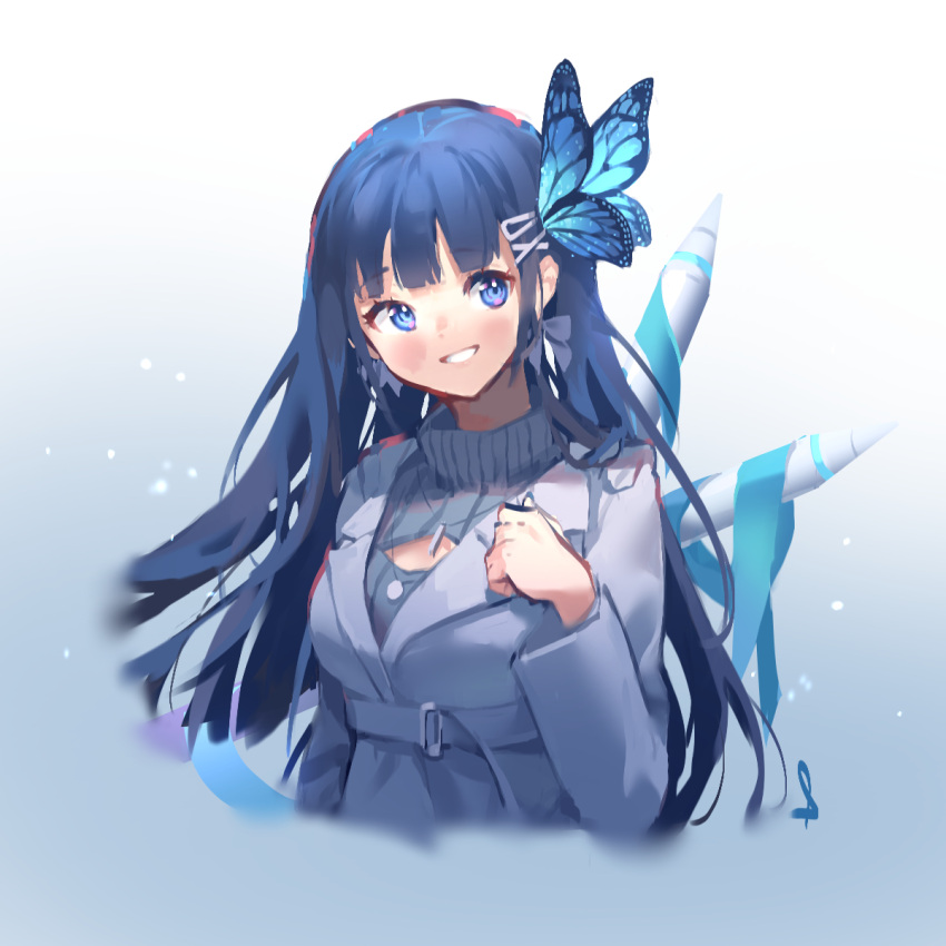 1girl aoi_nabi bangs blue_background blue_eyes blue_hair breasts butterfly_hair_ornament cleavage_cutout clenched_hand clothing_cutout cropped_torso eyebrows_visible_through_hair gradient gradient_background grey_jacket hair_ornament hand_on_own_chest highres indie_virtual_youtuber jacket long_hair looking_to_the_side medium_breasts oversized_object parted_lips shijohane smile solo stylus sweater turtleneck turtleneck_sweater upper_body virtual_youtuber white_background