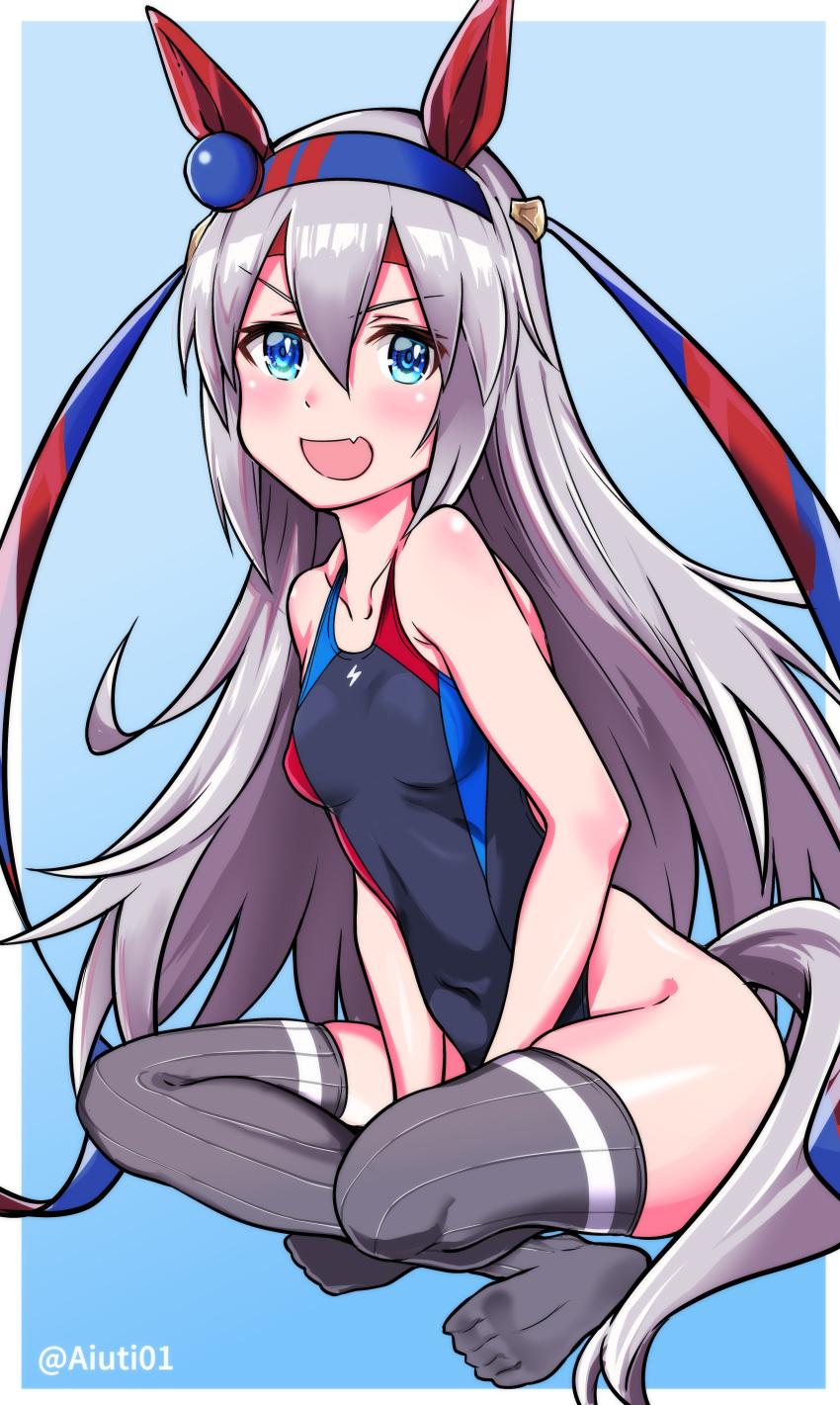 1girl absurdres ahoge aiuti animal_ears black_swimsuit blue_eyes commentary_request competition_swimsuit ear_covers flat_chest full_body grey_legwear highres horse_ears horse_girl horse_tail indian_style long_hair looking_at_viewer one-piece_swimsuit silver_hair sitting smile solo swimsuit tail tamamo_cross_(umamusume) thigh-highs umamusume