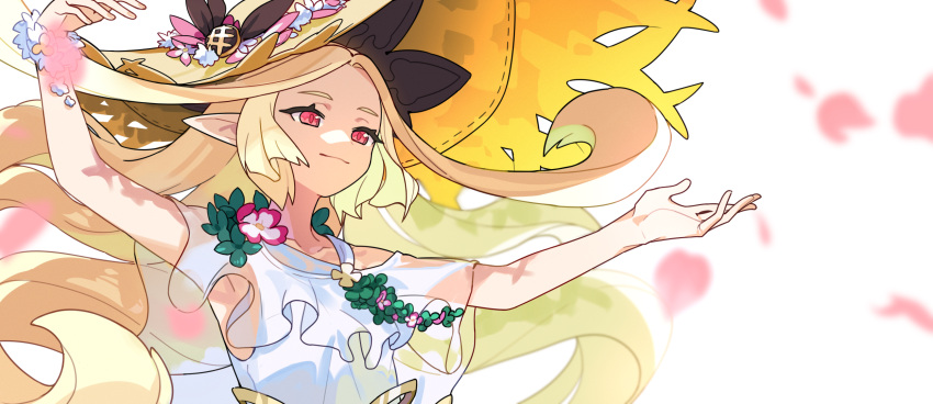 1girl bare_shoulders blonde_hair brown_headwear closed_mouth commentary_request dress floating_hair flower forehead grey_background hat hat_flower highres long_hair looking_away pointy_ears red_eyes ryuuno6 see-through simple_background smile solo straw_hat upper_body very_long_hair white_dress white_flower world_flipper