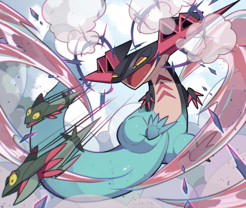 alu_drp blurry claws commentary_request dragapult dreepy firing gen_8_pokemon half-closed_eyes highres motion_lines no_humans open_mouth pokemon pokemon_(creature) smoke tongue