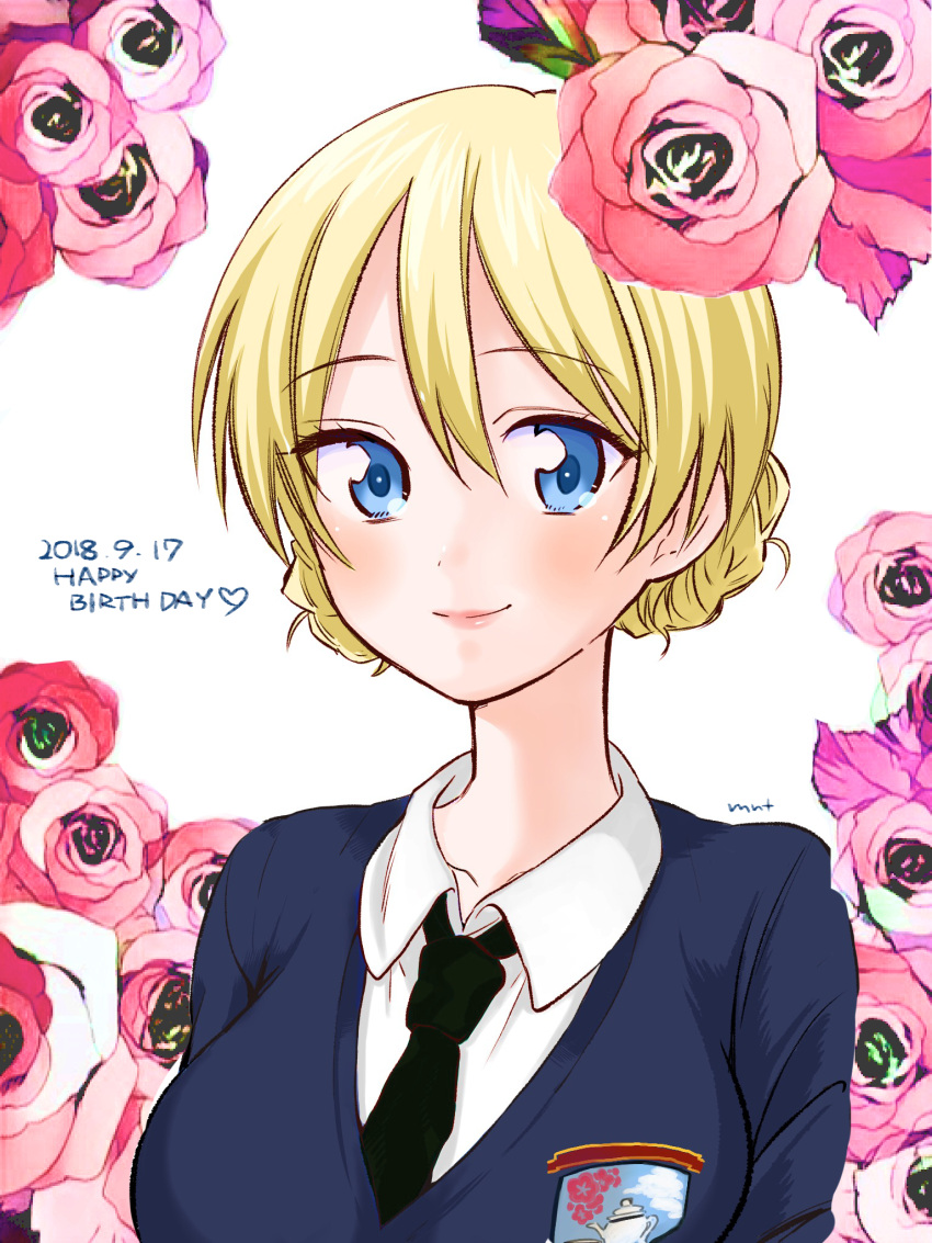 1girl artist_name bangs blonde_hair blue_eyes blue_sweater braid closed_mouth commentary darjeeling_(girls_und_panzer) dated dress_shirt emblem english_text eyebrows_visible_through_hair floral_background flower gabgabznzo-go girls_und_panzer happy_birthday heart highres looking_at_viewer pink_flower pink_rose portrait rose school_uniform shirt short_hair signature smile solo st._gloriana's_(emblem) st._gloriana's_school_uniform sweater tied_hair twin_braids v-neck white_shirt wing_collar