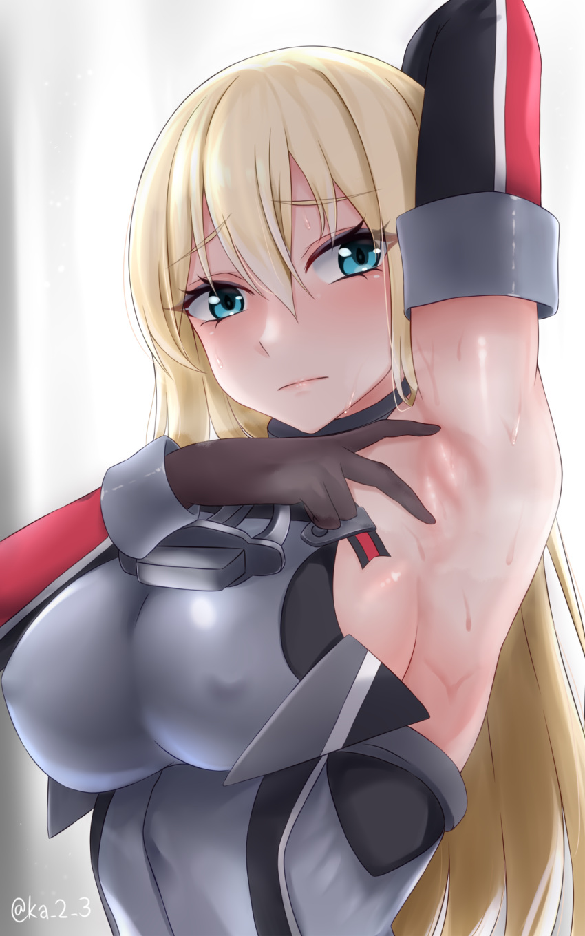 1girl arm_up armpits bismarck_(kancolle) blonde_hair blue_eyes breasts brown_gloves detached_sleeves gloves highres kantai_collection katsumi-kun large_breasts long_hair military military_uniform sleeveless solo uniform upper_body