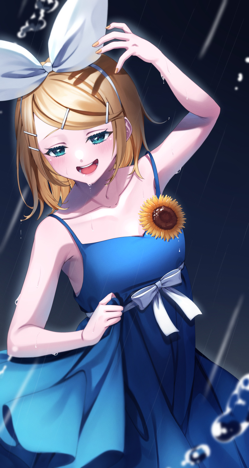 1girl :d absurdres arm_up bangs bare_arms bare_shoulders blonde_hair blue_dress blue_eyes bow breasts brown_nails collarbone commentary_request dress flower hair_ornament hair_ribbon hairband hairclip highres huge_filesize inu8neko kagamine_rin nail_polish open_mouth pleated_dress rain ribbon sleeveless sleeveless_dress small_breasts smile solo sunflower sweat swept_bangs upper_teeth vocaloid white_bow white_hairband white_ribbon yellow_flower