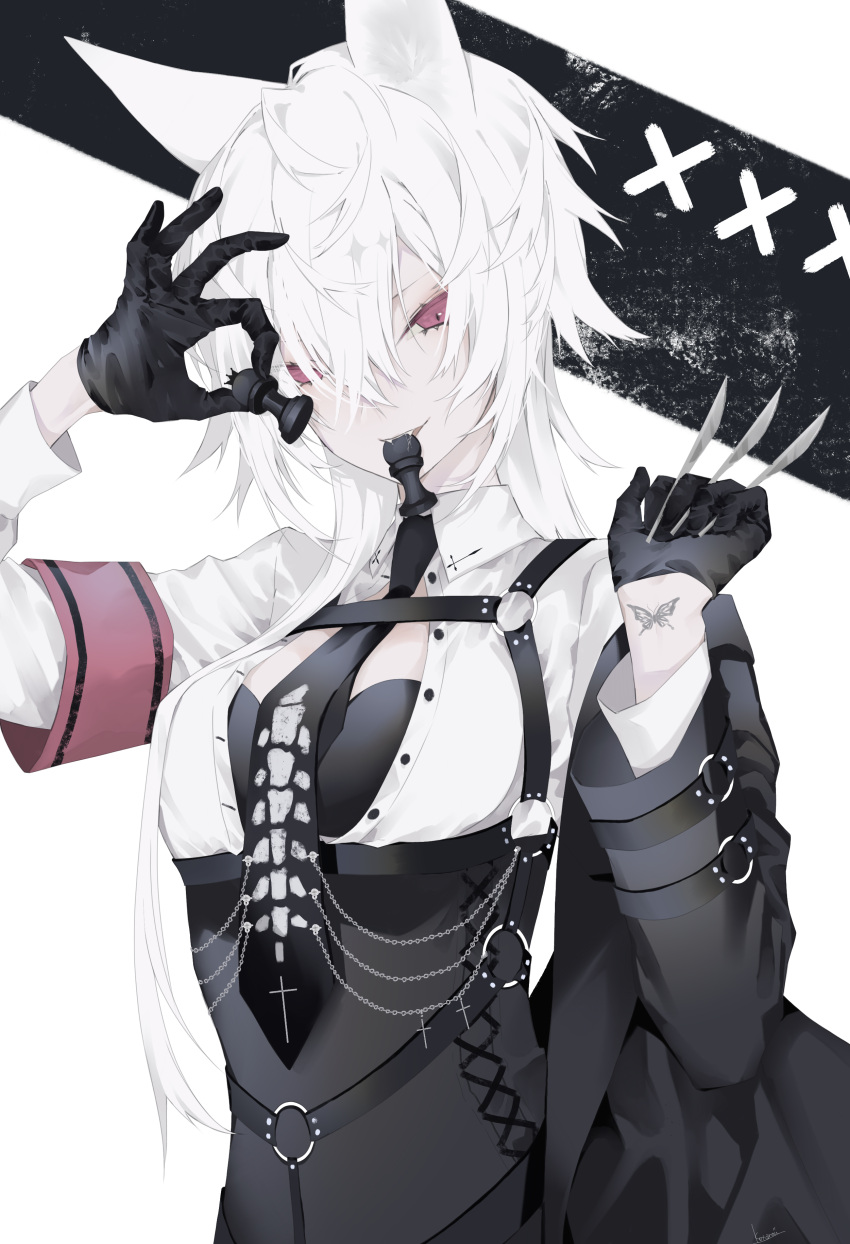1girl absurdres animal_ears armband black_gloves breasts butterfly_tattoo chain corset cross fangs gloves hair_between_eyes hand_up harness highres holding holding_chess_piece holding_knife jacket knife knives_between_fingers kotarou_(kot_mochi) long_hair long_sleeves messy_hair mouth_hold necktie original pawn_(chess) red_armband red_eyes saliva solo tattoo unbuttoned unbuttoned_shirt upper_body white_hair