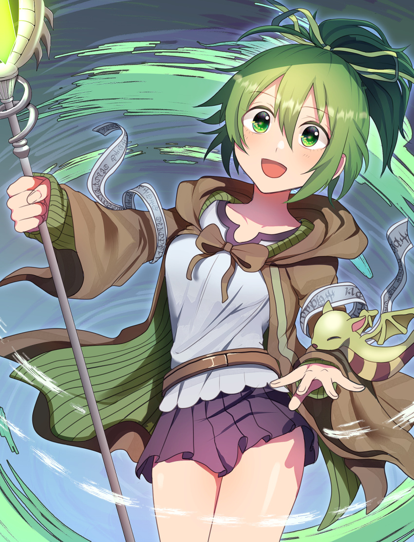 1girl breasts brown_robe collarbone crystal dragon duel_monster eyebrows_visible_through_hair green_eyes green_hair green_ribbon hair_ribbon happy highres holding holding_staff looking_at_viewer medium_breasts medium_hair miniskirt open_mouth petit_dragon ponytail popon_ta_(npopo) ribbon skirt solo staff wind wynn yu-gi-oh!