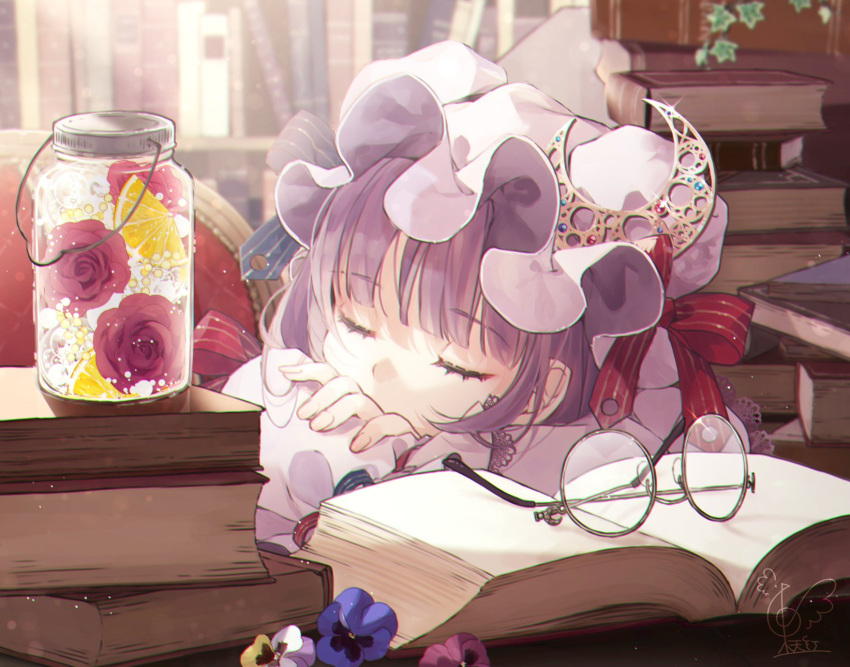 1girl bangs blue_bow blunt_bangs book bookshelf bow capelet commentary_request crescent crescent_hat_ornament crescent_pin double_bun flower glasses hair_bow hat hat_ornament hat_ribbon highres long_hair mob_cap multi-tied_hair patchouli_knowledge purple_bow purple_capelet purple_hair purple_headwear red_bow red_ribbon ribbon sleeping touhou toutenkou very_long_hair violet_eyes
