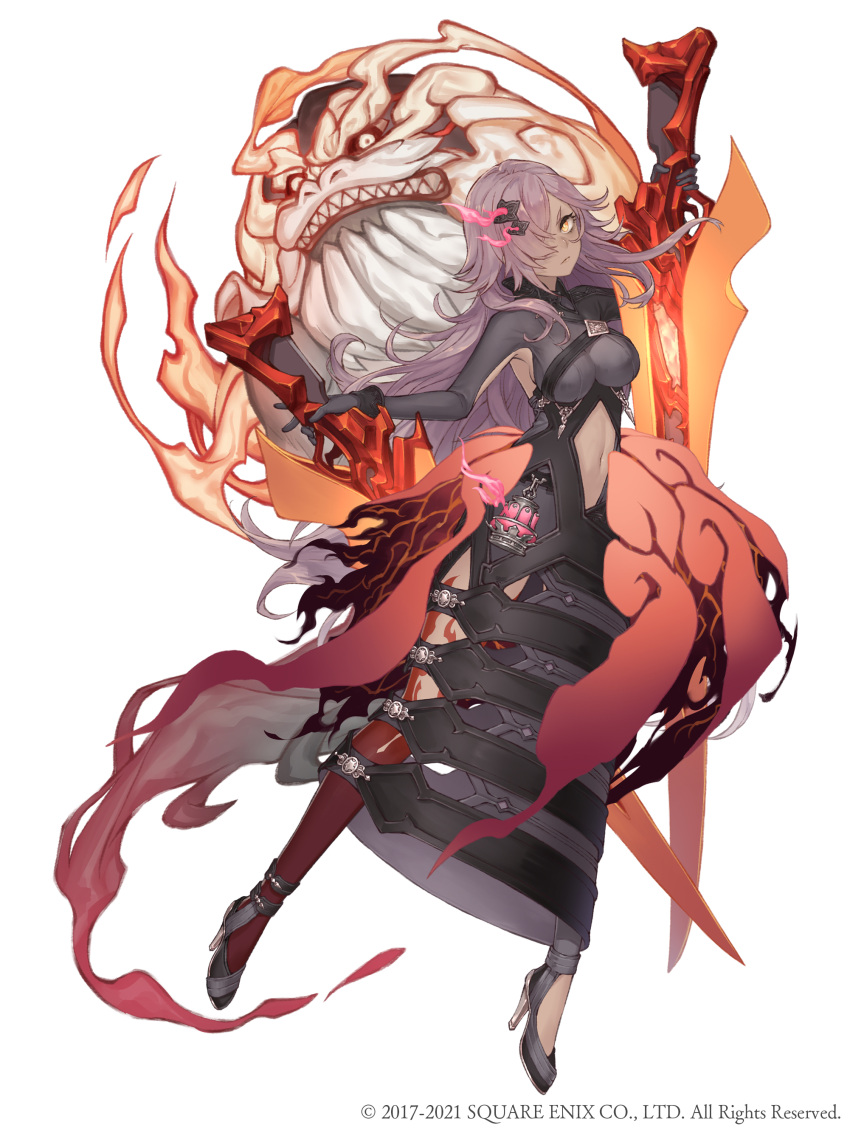 1girl absurdres asymmetrical_clothes breasts cinderella_(sinoalice) dark_persona dark_skin dual_wielding frown full_body hair_ornament hairclip half-nightmare high_heels highres holding holding_sword holding_weapon ji_no large_breasts long_hair looking_at_viewer navel official_art orange_eyes purple_hair sinoalice solo square_enix sword tattoo very_long_hair weapon white_background