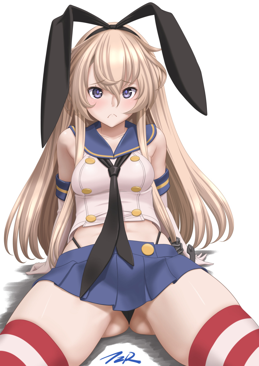 1girl anchor_hair_ornament ass_visible_through_thighs black_hairband black_panties blonde_hair blue_sailor_collar blue_skirt commentary_request cowboy_shot crop_top elbow_gloves gloves grey_eyes hair_ornament hairband highleg highleg_panties highres kantai_collection long_hair looking_at_viewer microskirt miniskirt panties pleated_skirt sailor_collar shimakaze_(kancolle) simple_background sitting skirt solo striped striped_legwear t2r thigh-highs underwear white_background white_gloves