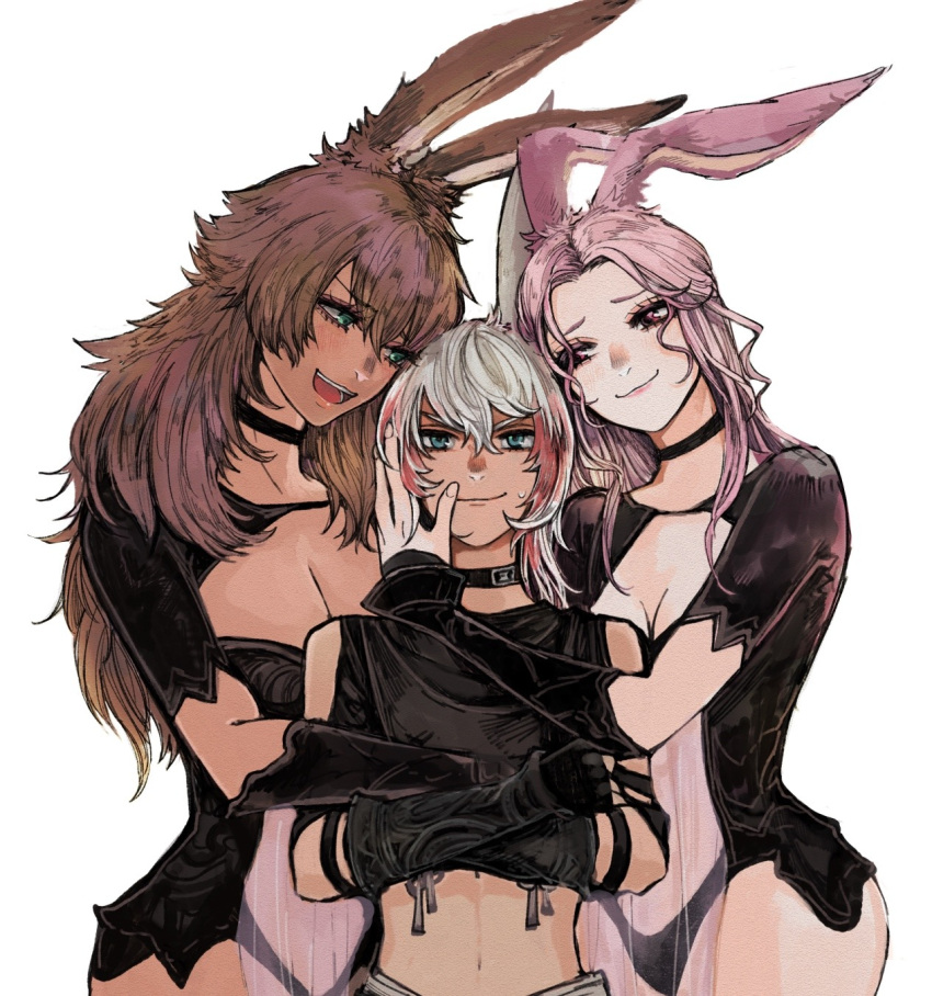 1boy 2girls animal_ears brown_hair covered_navel crop_top crossed_arms final_fantasy final_fantasy_xiv fingerless_gloves girl_sandwich gloves hand_on_another's_face highres hug long_hair midriff multicolored_hair multiple_girls navel pelvic_curtain pink_hair rabbit_ears sandwiched shrug_(clothing) size_difference smile stomach sweatdrop tan two-tone_hair upper_body viera yum0811