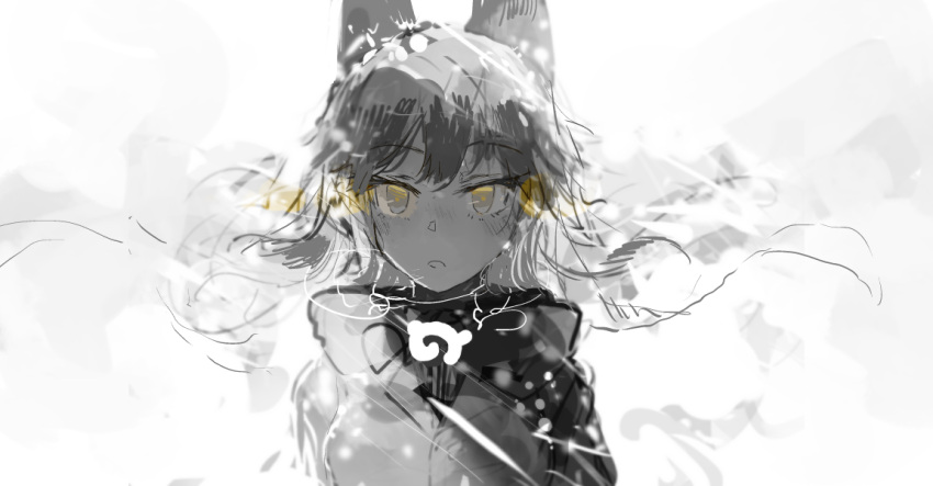 1girl animal_ears backlighting bangs blurry blush custom_(cus-tom) depth_of_field eyebrows_visible_through_hair floating_hair fox_ears greyscale japari_symbol kemono_friends long_hair looking_at_viewer monochrome nose_blush parted_lips silver_fox_(kemono_friends) sketch snowing solo spot_color straight-on tsurime upper_body white_background wind