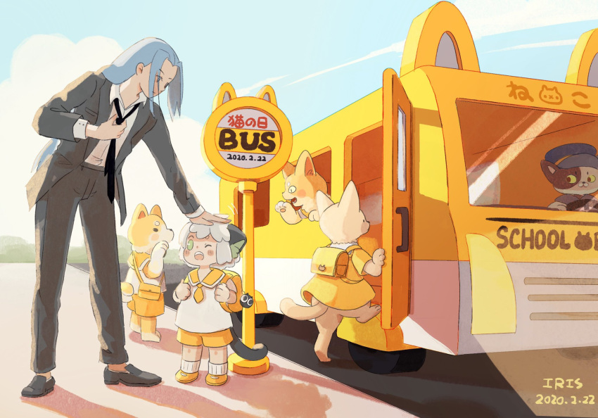 2boys animal_ears backpack bag black_footwear black_jacket black_pants blue_sky blush bus bus_stop cat_boy cat_day cat_ears clouds cloudy_sky collared_shirt dated formal ground_vehicle highres iris0v0 jacket luoxiaohei motor_vehicle multiple_boys one_eye_closed orange_footwear orange_shorts pants shadow shirt shirt_tucked_in shoes shorts sky suit the_legend_of_luo_xiaohei white_shirt wuxian_(the_legend_of_luoxiaohei)