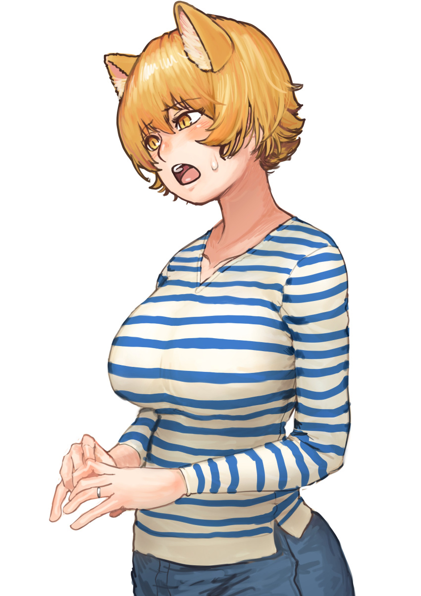 1girl absurdres animal_ear_fluff animal_ears blonde_hair blush breasts chanta_(ayatakaoisii) collarbone cowboy_shot denim fox_ears highres jeans jewelry large_breasts looking_away no_hat no_headwear no_tail open_mouth pants ring shirt short_hair simple_background solo striped striped_shirt touhou white_background yakumo_ran yellow_eyes