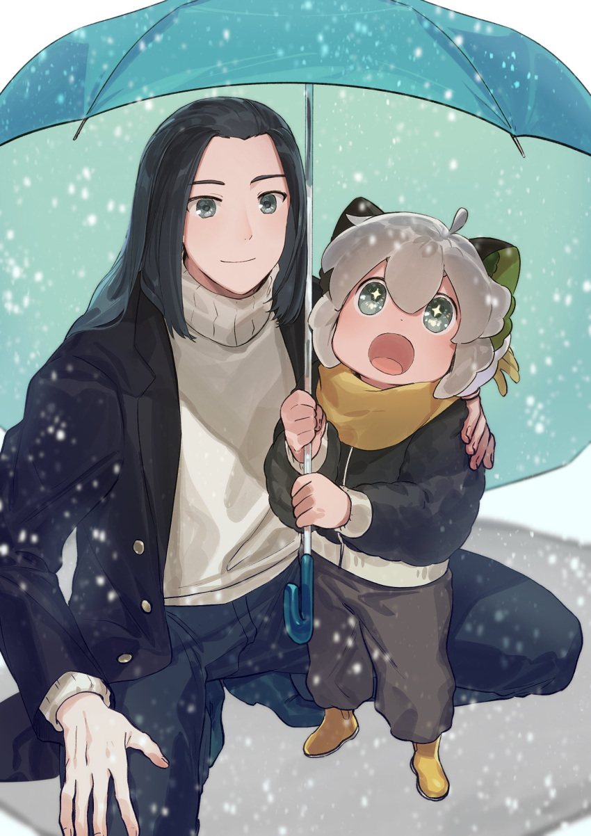 +_+ 2boys animal_ears black_hair black_jacket black_pants boots child gihuta_hiroshi grey_eyes highres jacket long_hair long_sleeves luoxiaohei multiple_boys open_mouth pants scarf short_hair smile snow sweater the_legend_of_luo_xiaohei white_hair white_sweater winter_clothes wuxian_(the_legend_of_luoxiaohei) yellow_footwear yellow_scarf