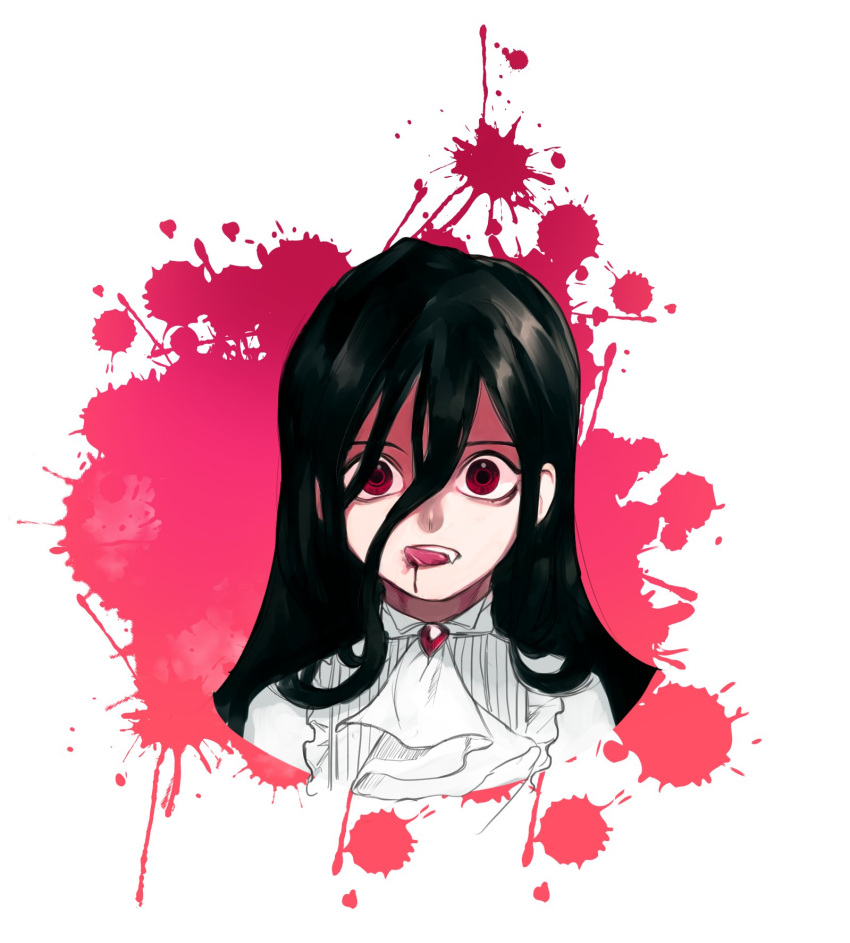 1boy ascot bangs black_hair blood blood_splatter dangan_ronpa_(series) dangan_ronpa_2:_goodbye_despair fang hair_between_eyes highres kamukura_izuru long_hair looking_at_viewer pink_blood portrait red_eyes rei_(tdn_ng) shirt solo tongue tongue_out upper_body white_background white_shirt