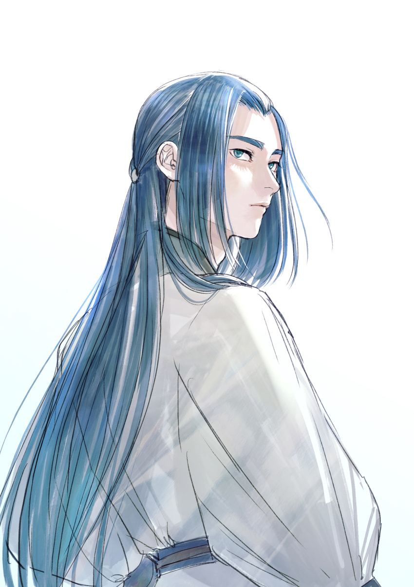1boy absurdres blue_eyes blue_hair expressionless from_behind highres long_hair long_sleeves male_focus micho simple_background solo the_legend_of_luo_xiaohei white_background wuxian_(the_legend_of_luoxiaohei)