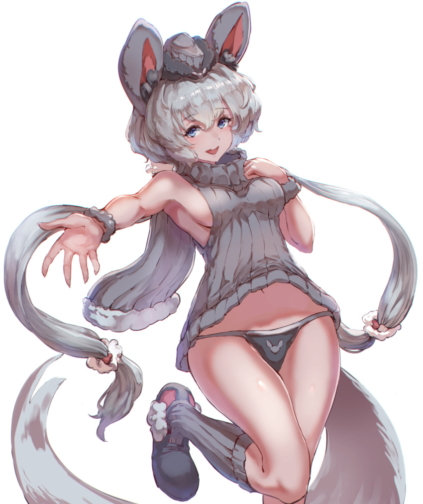 1girl animal_ears blue_eyes cinccino eyebrows_visible_through_hair garrison_cap gen_5_pokemon grey_legwear grey_panties grey_sweater hat highres jojobirdz knee_up kneehighs konno_junko leg_up long_hair low_twintails no_bra no_pants open_mouth panties pokemon reaching_out ribbed_sweater silver_hair simple_background sleeveless_sweater smile solo standing standing_on_one_leg sweater tail thong turtleneck turtleneck_sweater twintails underwear white_background wristband zombie_land_saga