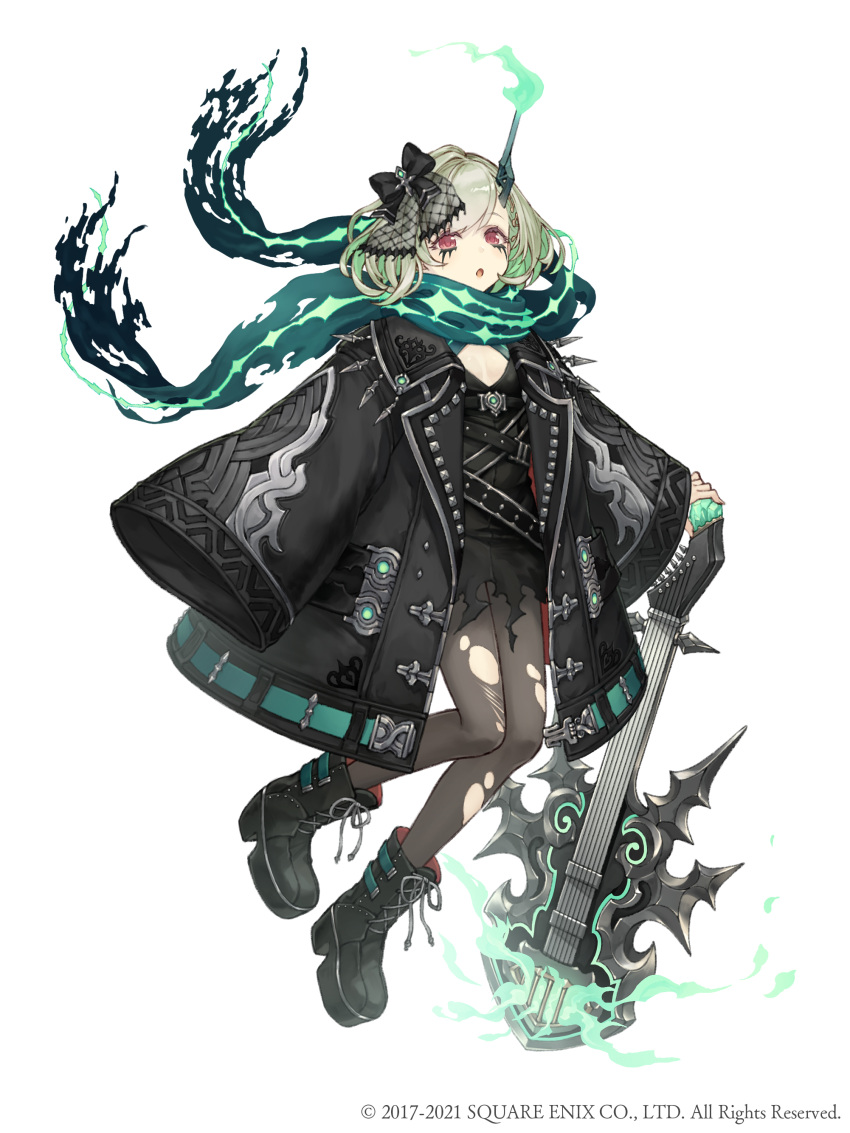 1girl :o absurdres belt boots bow breasts cross-laced_footwear electric_guitar full_body green_hair guitar hair_bow highres horns instrument jacket ji_no little_match_girl_(sinoalice) looking_at_viewer makeup official_art oversized_clothes pantyhose platform_footwear red_eyes scarf short_hair single_horn sinoalice sleeves_past_wrists small_breasts solo square_enix torn_clothes torn_legwear white_background