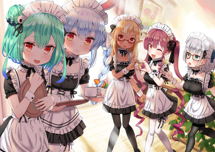 ;d alternate_costume animal_ears apron bangs black_dress black_legwear blonde_hair blue_eyes blue_hair blush braid carrot_hair_ornament coffee_cup cup dark_elf disposable_cup dorianpanda double_bun dress elf enmaided feet_out_of_frame food-themed_hair_ornament garters glasses gradient_hair green_hair green_nails hair_ornament heart heart_hands heart_hands_duo highres holding holding_saucer holding_tray hololive hololive_fantasy houshou_marine indoors light_rays long_hair looking_at_another looking_at_viewer maid maid_apron maid_cafe maid_headdress multicolored_hair one_eye_closed open_mouth pantyhose picture_(object) pointy_ears rabbit_ears red_eyes redhead saucer semi-rimless_eyewear shiranui_flare shirogane_noel short_hair short_sleeves silver_hair skull_hair_ornament smile standing streaked_hair sunbeam sunlight thick_eyebrows tray twin_braids two-tone_hair two_side_up under-rim_eyewear uruha_rushia usada_pekora very_long_hair virtual_youtuber white_legwear wooden_floor wrist_cuffs yellow_eyes
