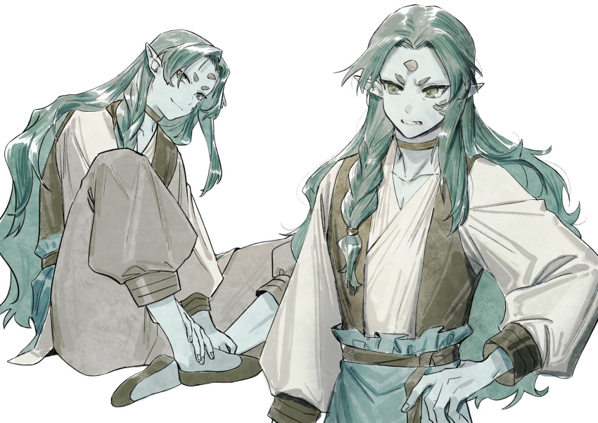 1boy bangs braid choker diting_(the_legend_of_luoxiaohei) gihuta_hiroshi green_hair hand_on_hip highres lanxi_zhen long_hair long_sleeves multiple_views parted_bangs pointy_ears simple_background the_legend_of_luo_xiaohei very_long_hair white_background