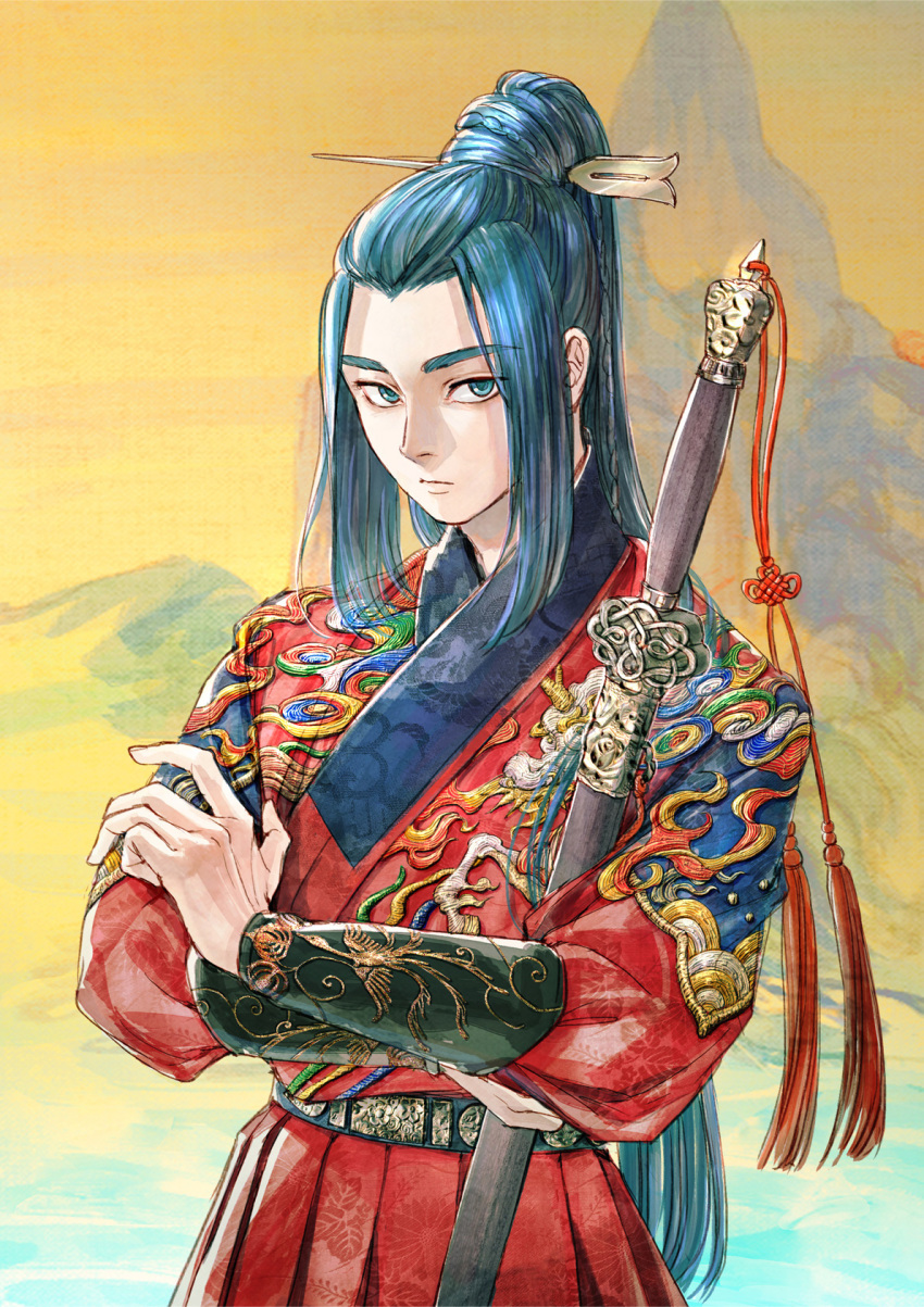 1boy belt blue_eyes blue_hair hair_ornament hair_stick highres holding holding_sword holding_weapon long_hair long_sleeves micho ponytail shadow solo sword tassel the_legend_of_luo_xiaohei upper_body very_long_hair weapon wuxian_(the_legend_of_luoxiaohei)