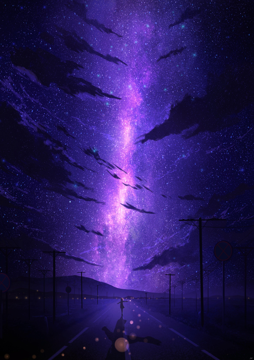 1girl absurdres city_lights clouds dress from_behind hands_up highres lamppost long_sleeves night night_sky original outdoors road scenery sign sky skyrick9413 star_(sky) starry_sky utility_pole walking