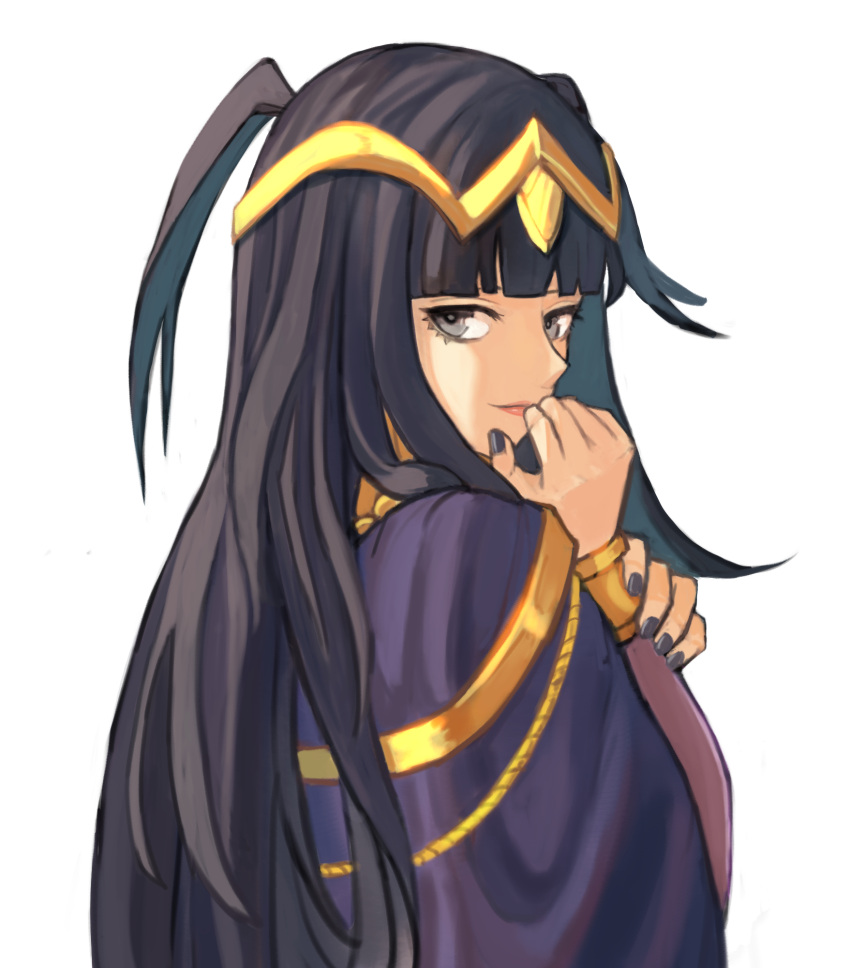 12_(artist) 1girl bangs black_hair black_nails blunt_bangs bracelet cape eyelashes fire_emblem fire_emblem_awakening grey_eyes hair_ornament highres jewelry looking_at_viewer nail_polish smile solo tharja_(fire_emblem) twintails upper_body white_background