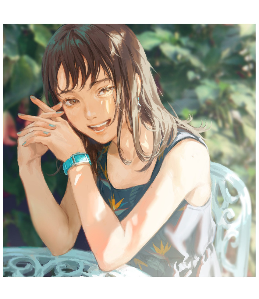 1girl aqua_nails blurry border brown_eyes brown_hair chair depth_of_field earrings hands_together highres interlocked_fingers jewelry medium_hair nail_polish open_mouth original shade sitting smile solo sunlight table tunapon01 watch watch white_border