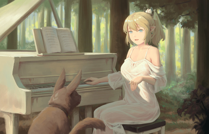 1girl animal aqua_eyes bare_shoulders bigrbear blonde_hair book collarbone dress earrings elf forest highres instrument jewelry medium_hair nature open_mouth original outdoors piano pointy_ears ring see-through shiny shiny_hair sitting sunlight tied_hair tree white_dress