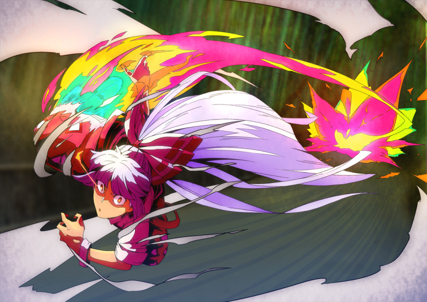 1girl bamboo bamboo_forest bow commentary_request fire forest fujiwara_no_mokou full_body hair_bow incoming_kick jumping light_trail long_hair nature outdoors pants red_bow red_eyes red_pants shirt short_sleeves solo tomo_(touajukou) touhou white_bow white_hair white_shirt wrist_cuffs